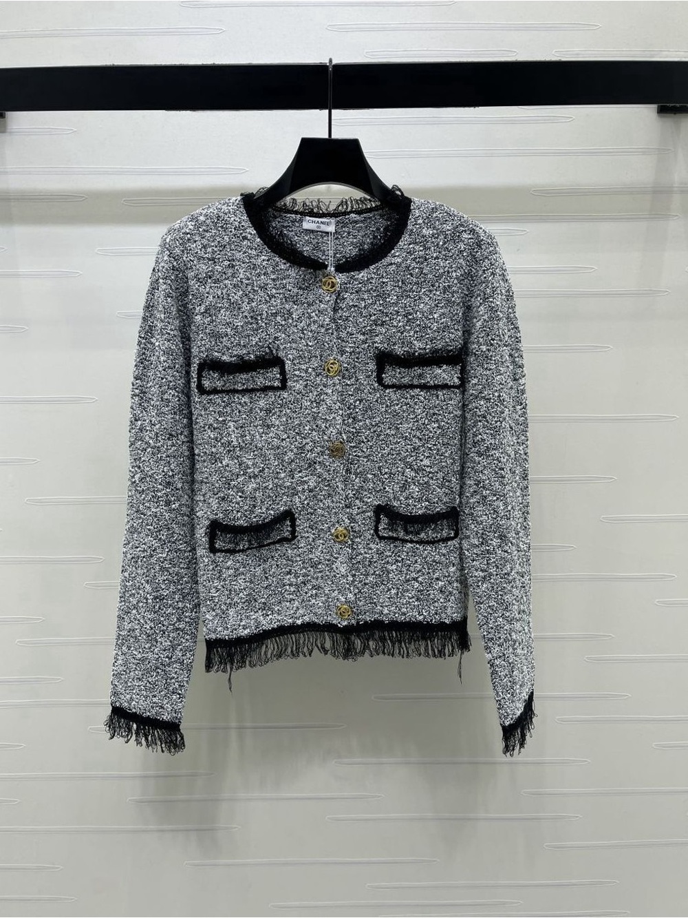 🤍 Chanel Speckled Knit Fringe Trim CC Button Cardigan
